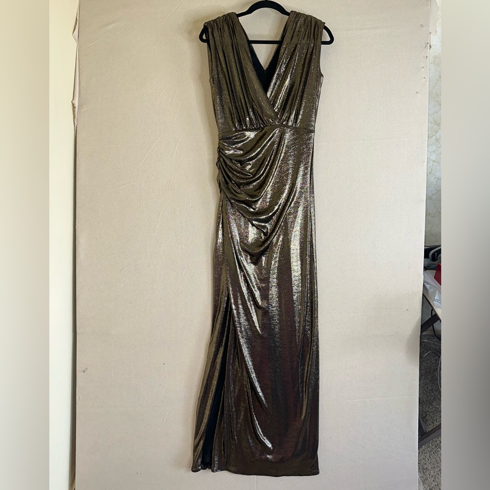 Halston Heritage Misha Metallic Jersey Wrap Gown in Antique Gold Size 6
